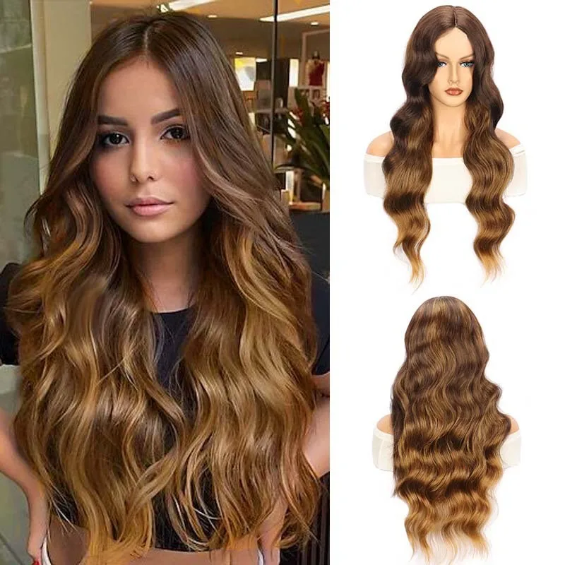 

2025 Trendy Women's Ombre Brown Gold Long Wavy Synthetic Lace Front Wig