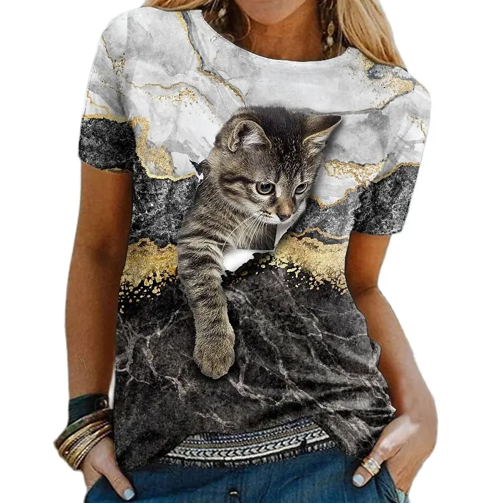 Camisetas de manga corta con estampado de gato Kawaii en 3D para mujer, Tops divertidos con cuello redondo informales, ropa holgada de gran tamaño