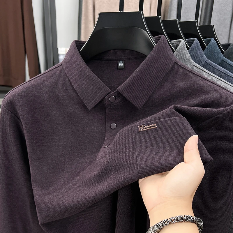 New Autumn Men's Lapel Polo Shirt Solid Color Long Sleeved Advanced Design Pocket T-Shirt  Daily Business Casual Men's Clothing