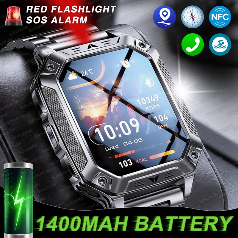 Montre connectée militaire TANK 1400 mAh, batterie longue durée, étanche IP68, GPS tactique, lampe de poche, horloge, plus de 100 modes sportifs, SOS, appel HD