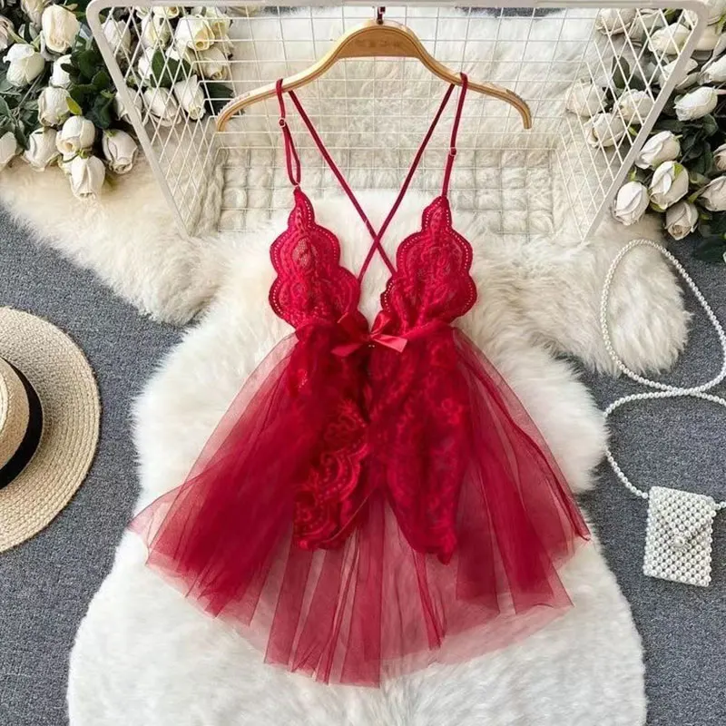 Lencería de corte bajo ajustada de malla transparente, minivestido Sexy, conjunto de lencería caliente, mono erótico sin entrepierna para adultos, conjunto de lencería con Tanga