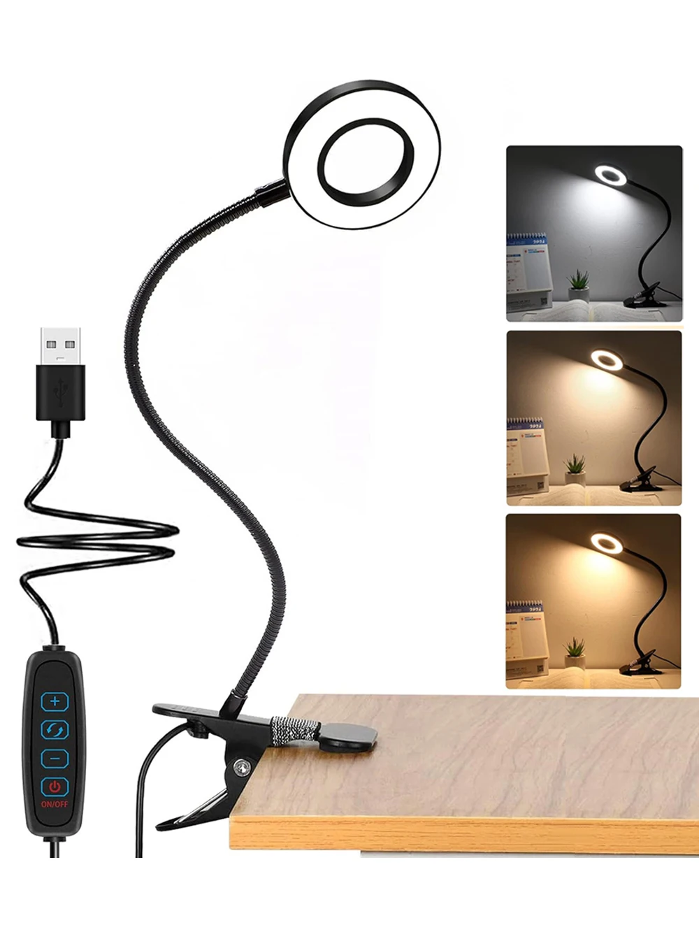 360 °   Lámpara de escritorio con Clip Flexible de 48 LED, luz de mesa de lectura con cuello de cisne, abrazadera USB para el cuidado de los ojos, luz nocturna para libros, luz de lectura para estudio