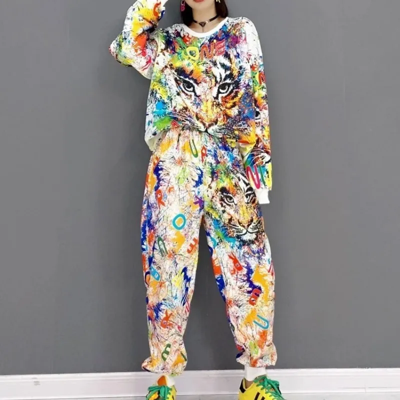 

Women Tiger Pattern Printing Long Sleeves Sweatshirt Suit + Elastic Waist Trousers Suit 2024 spring Autumn LX568S