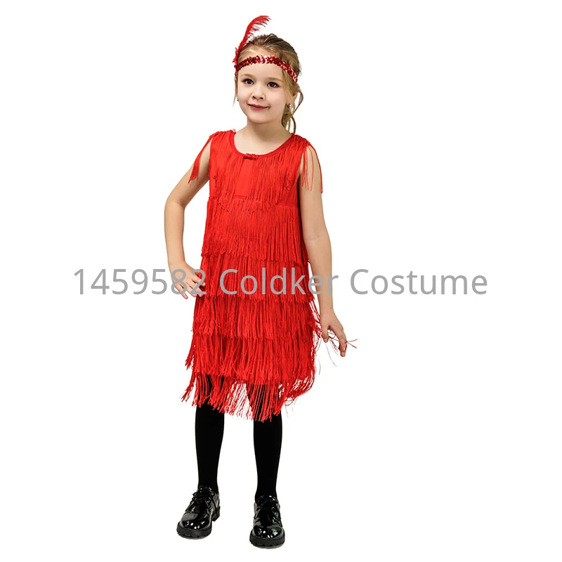 1920s Girls Flapper Costume Fancy Dress gioco di ruolo Kids Cosplay Party Halloween Double-sided nappa Dress per bambini