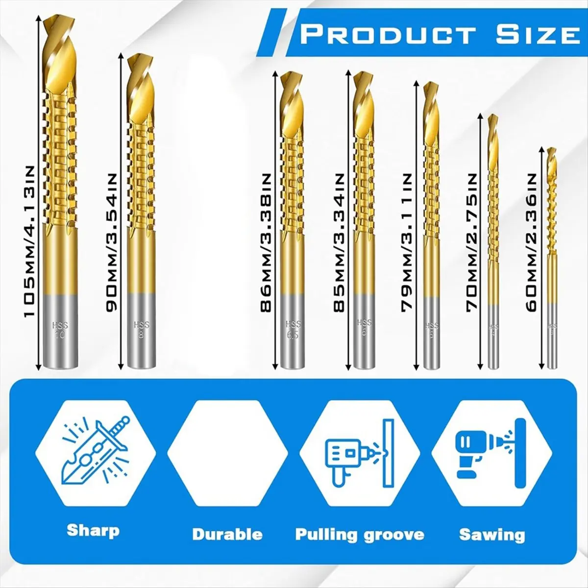 

A58Z 7PCS Titanium Coated HSS Twist Drill Bits, 3-10mm Serrated Side Cutting Drill Bit, Hex Shank Serrated Cutting Drill Bits
