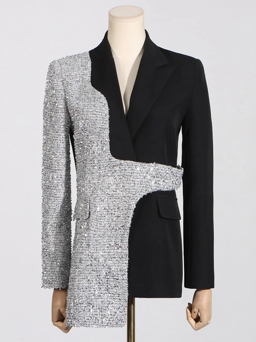 women 2024 fashion sequins lapel blazer jacket irregular spliced color block blazer coat with pockets