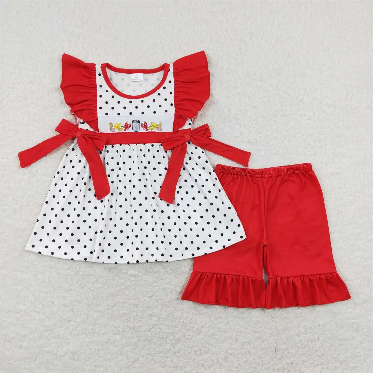 

Wholesale Kids Children Summer Short Sleeves Embroidery Dots Tunic Outfit Toddler Red Ruffle Shorts Baby Girl Crawfish Set