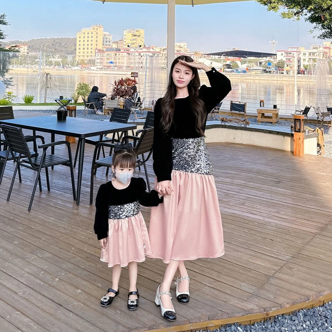Mother and Baby Girl Matching Long Sleeve Dress Mom Daughter Clothes Elegant Pretty Women's Dresses Korean Parent-child Clothing