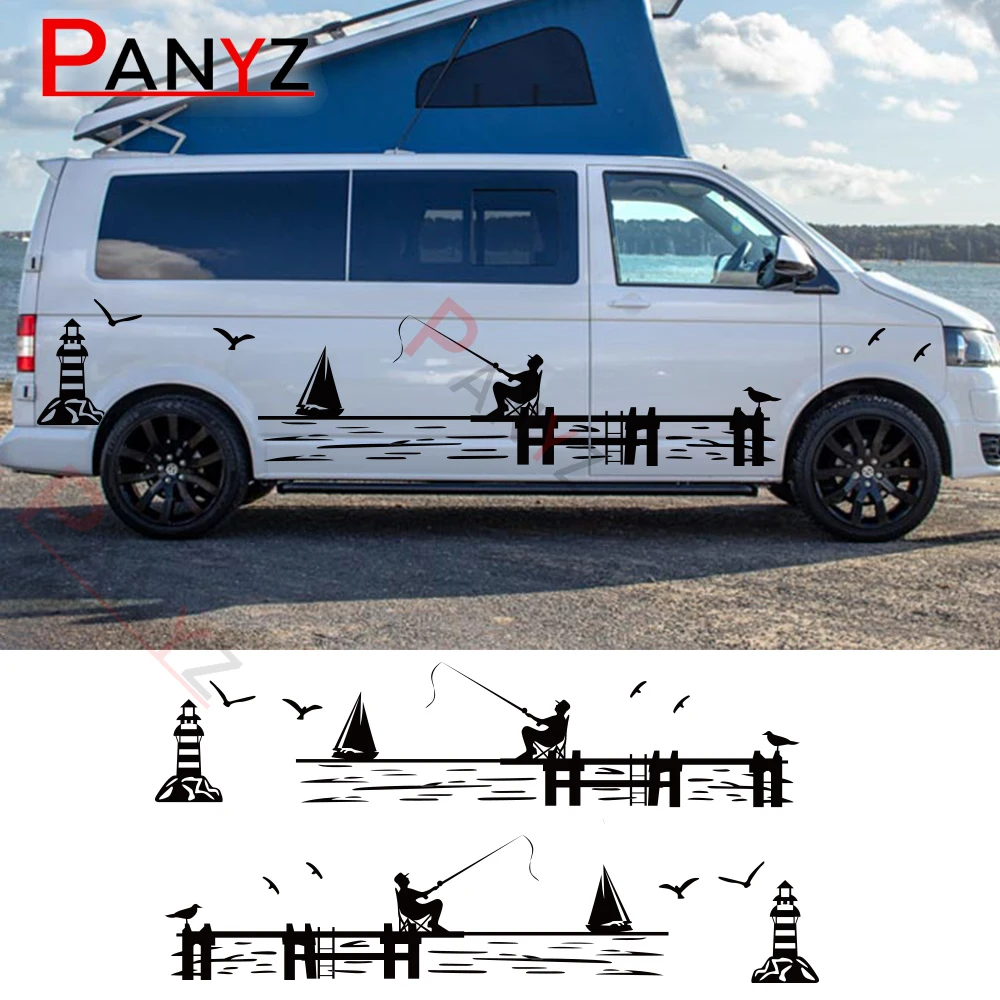 Car Stickers For Volkswagen VW Transporter Bus T4 T5 T6 Caravelle Multivan Lighthouse Fishing Graphics Vinyl Decals Accessories