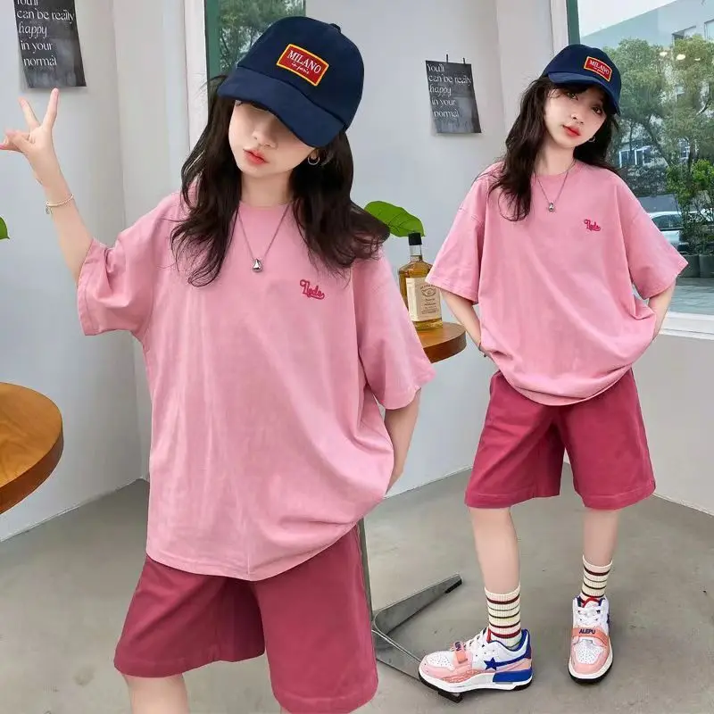 Teen Girls Clothing Set Summer New Cartoon Print Short Sleeve T-shirt+Shorts 2Pcs Suit Top And Bottom Tracksuit For 5-14Y