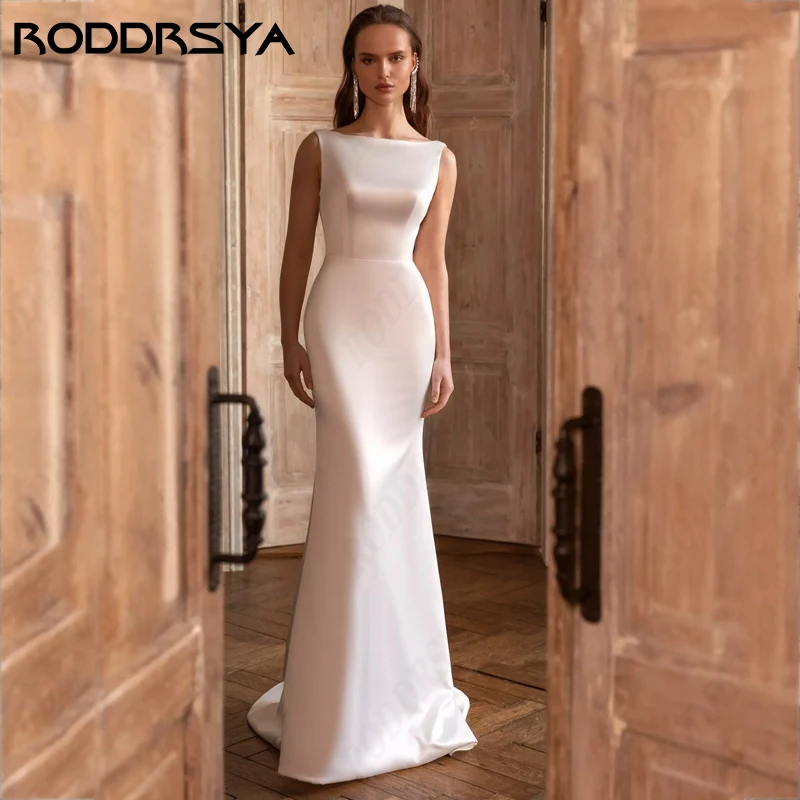 

RODDRSYA Mermaid Wedding Dress For Women Simple Soft Satin Sleeveless Vestidos De Novia Elegant Boat Neck Backless Bridal Party