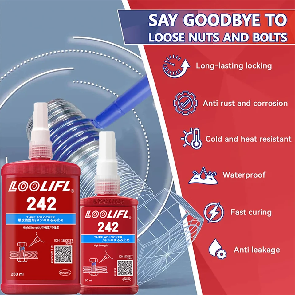 

Анаэробный фиксатор резьбы Loctite 242, синий, средней прочности, для предотвращения ослабления и протечек.