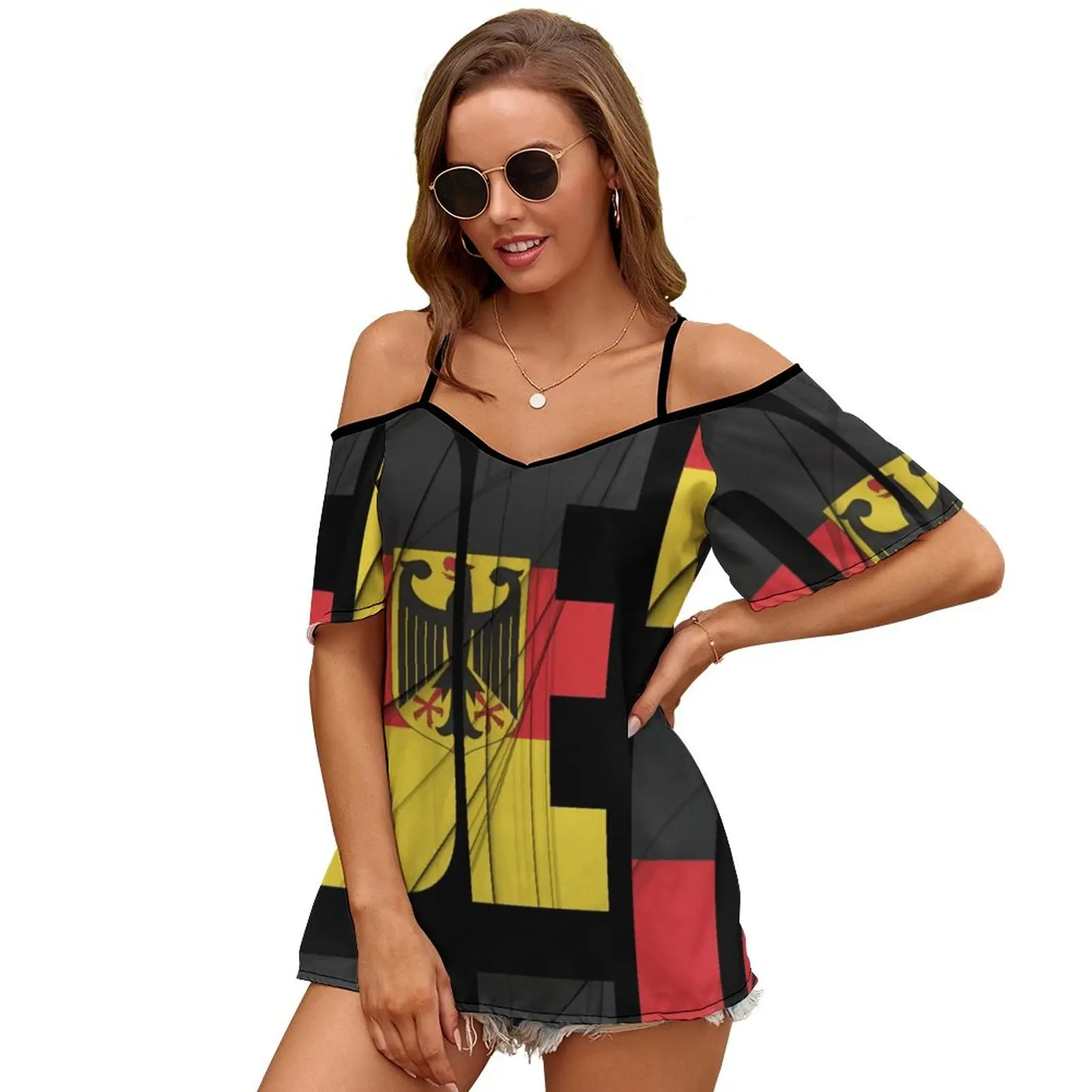 De-Deutschland Flag 2096 Women Print T Shirt Casual Off Shoulder Loose Pullover Tops Fashion Clothes German Flag Germany De Deu