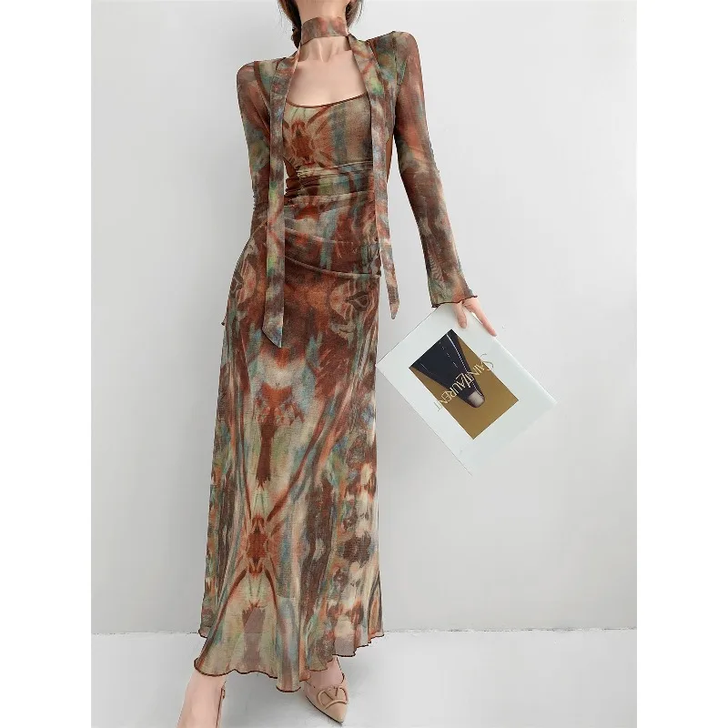 Women's Multi-faceted Flashing and Smudging Mesh Printing Streamer Dress Autumn Folds, Waist and Thin Lantern Sleeve Long Dress