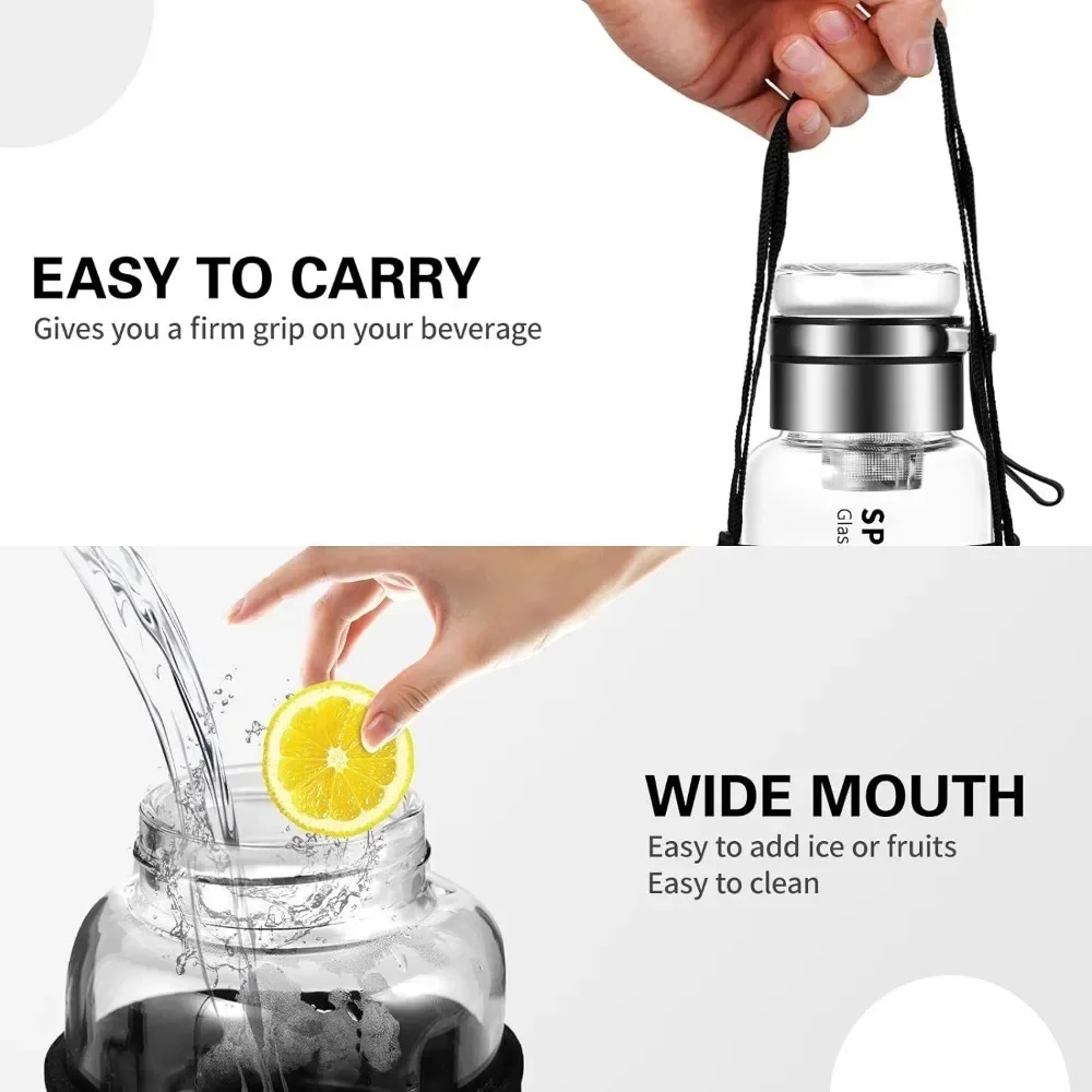 1pc Portable Glass Water Bottle 32 oz Transparent Milk Juice Cup with Stainless Tea Infuser Sport Water Bottles for Gym Hiking C