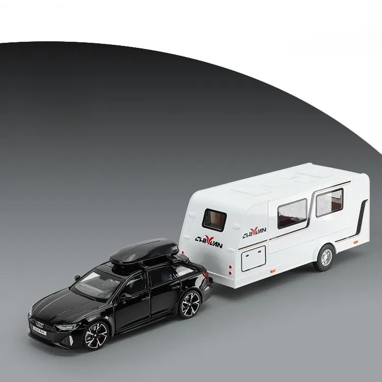 1/32 Audi RS6 With Touring Car RV Caravan Diecast Alloy Metal Miniature Model Pull Back Sound & Light Collection Gift For Boy