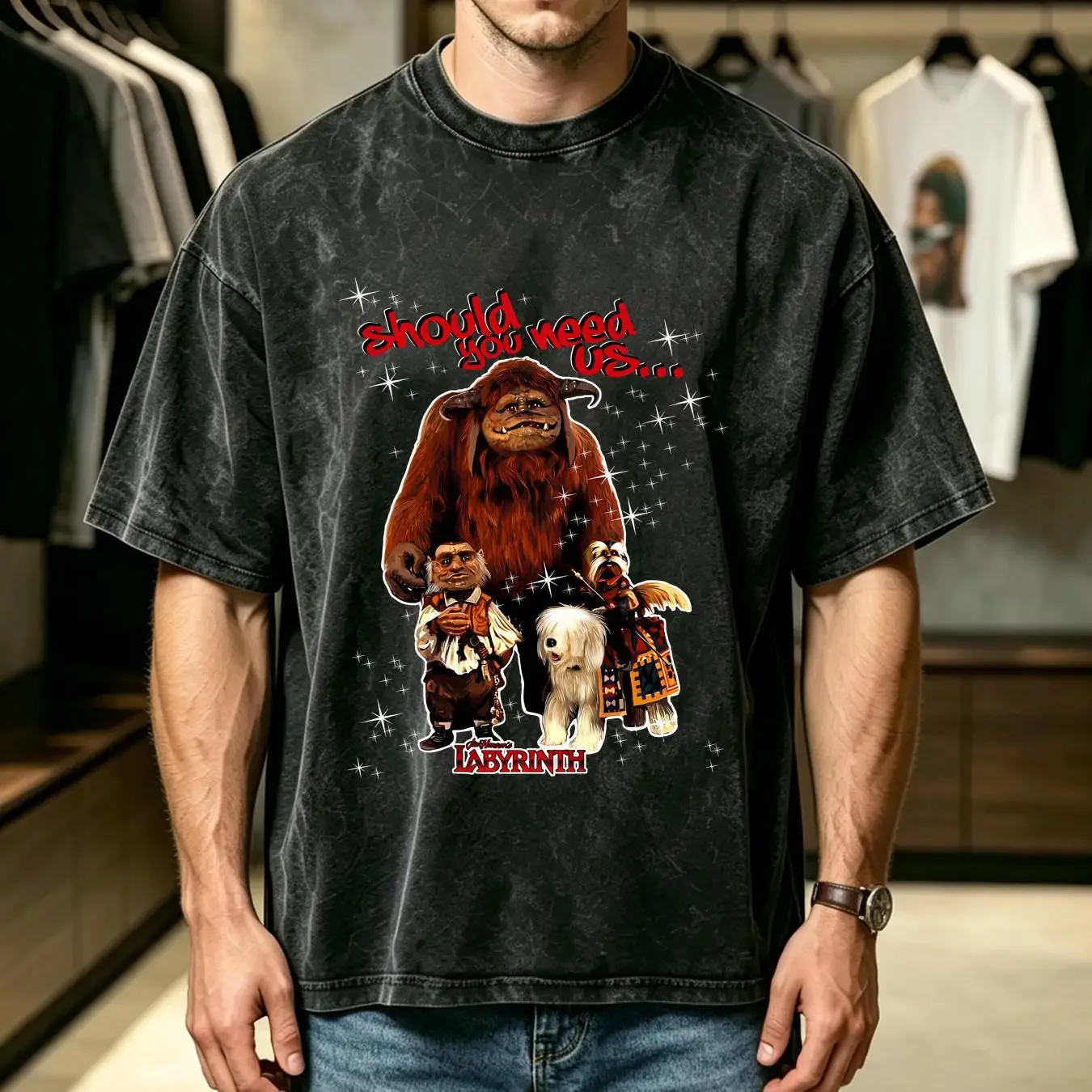 washed T Shirt Labyrinth Should You Need Us Men's Premium Slim Fit vintage Washed streetwear Breathable fashion Stretched