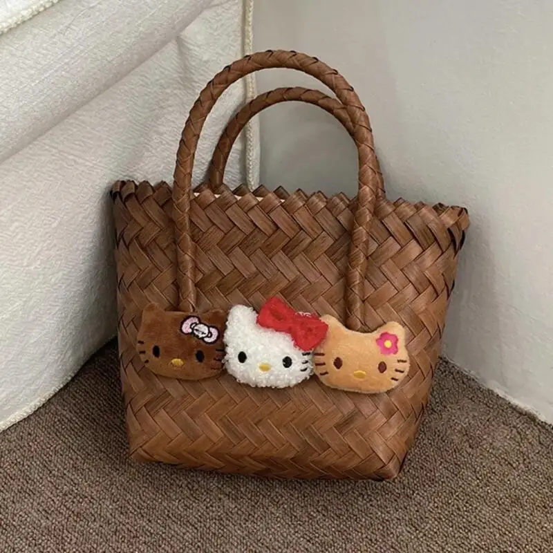 

Милая сумка-корзина Hello Kitty из имитации ротанга ручной работы, летняя, портативная, модная, повседневная, для женщин