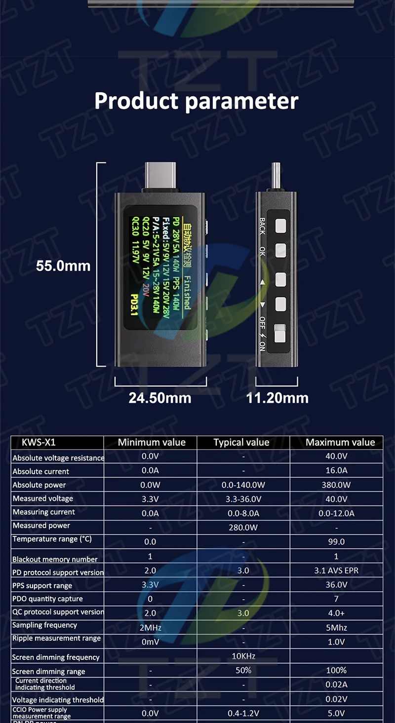 KWS-X1 Typ-C Strom- und Spannungsmonitor DC 4-30V 0-12A Leistungsmesser Tester PD Batteriekapazität Digitaler LCD-Anzeigemesser – Detail 11