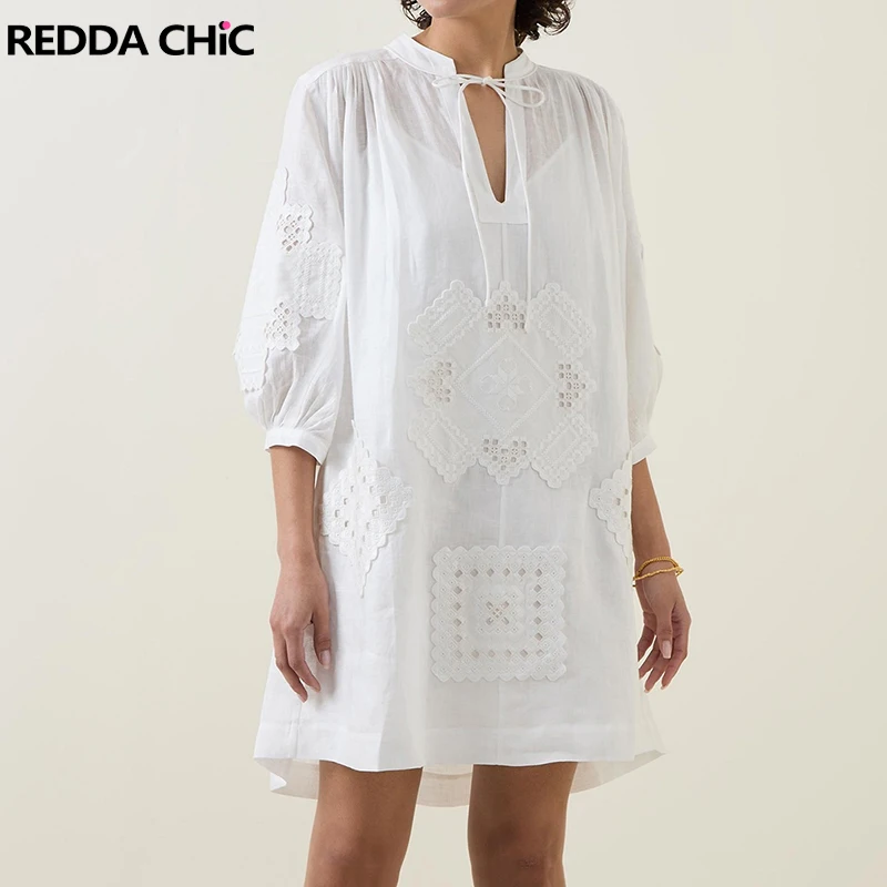 ReddaChic Boho Women Half Sleeves White Sundress Shirred Lace Embellished Strappy V-neck Sheer Mini Dress Casual Summer Clothes