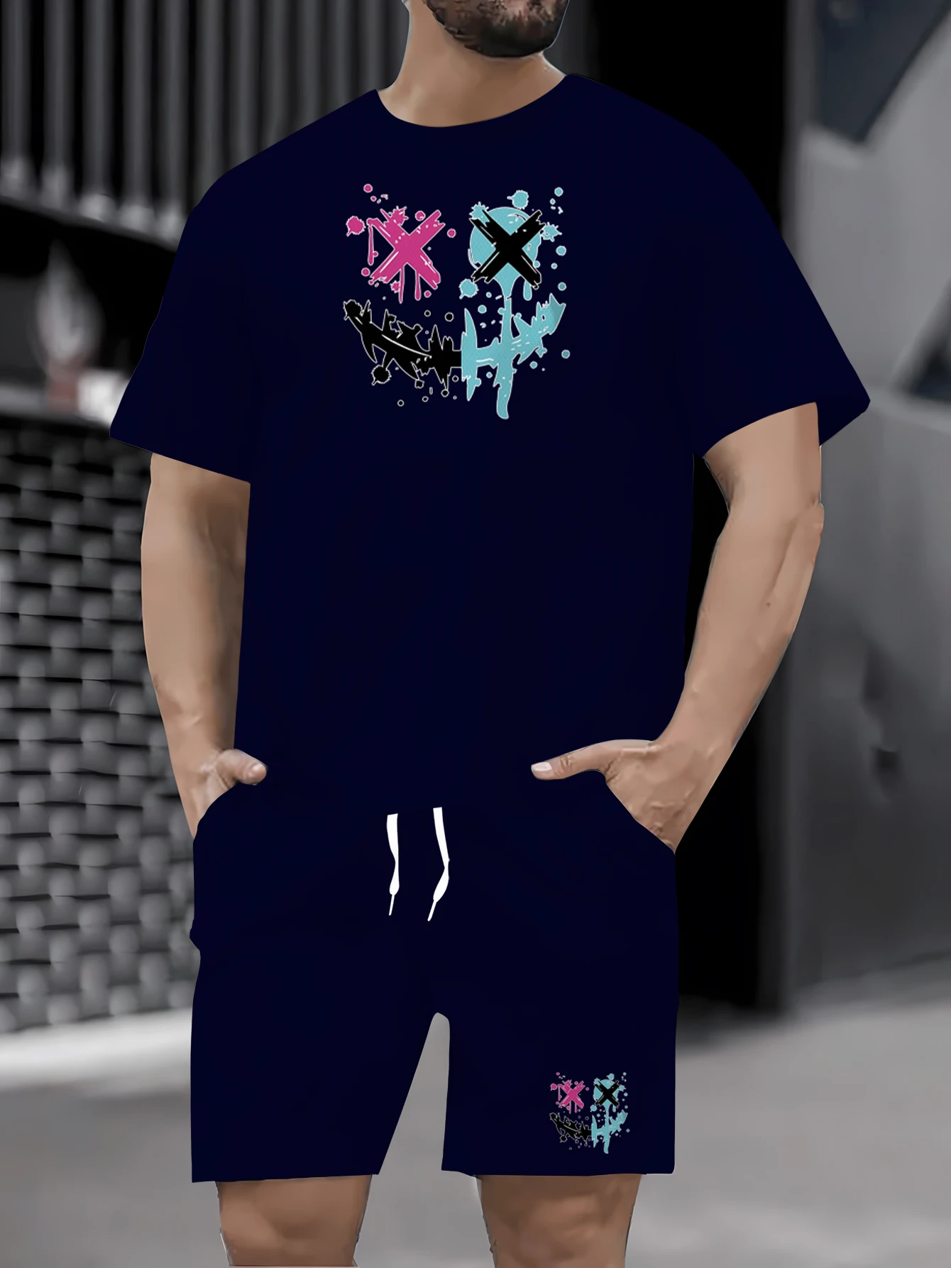 Men's summer casual sports short sleeved T-shirt and shorts set with round neck, slightly elastic fabric and pockets