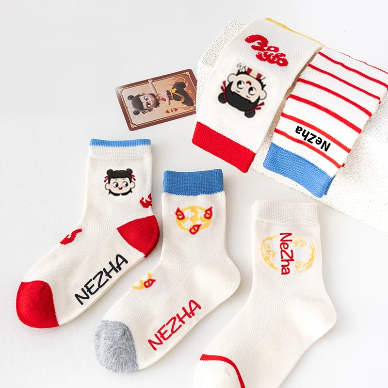 5 أزواج من جوارب Nezha الأسطورية ذات الطابع الكرتوني الشبكي للأطفال الأولاد مخططة كاجوال عصرية للحياة اليومية