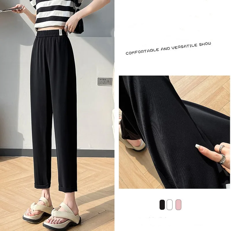 Women's Summer Solid Color Thin Ice Silk Wide Leg Straight Leg Pants Loose Elastic Waist Slim Large Casual Fashion Sweatpants