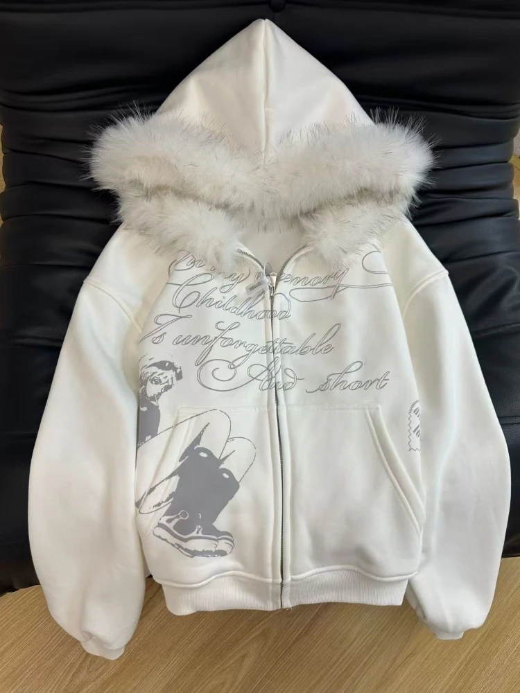 Y2K Japanese Kawai Faxu Fur Hoodies Subculture Streetwear Zipper Coat Cartoon Print Long Sleeve Retro Gothic Sweatshirts view 6