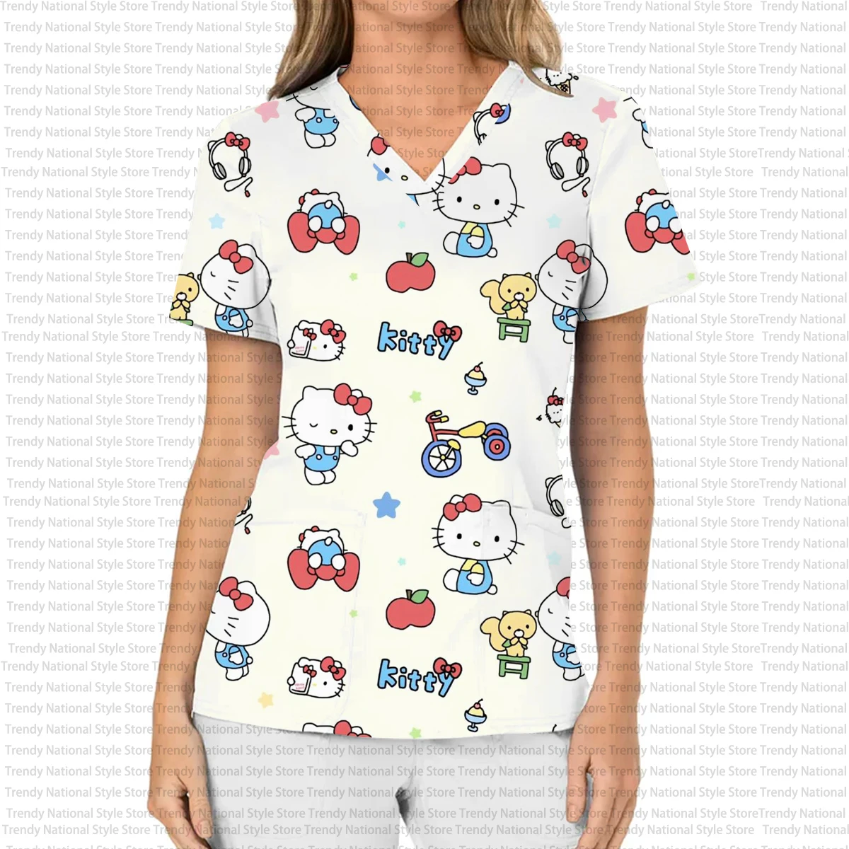 헬로키티 프린트 여성용 우아한 의료용 수술복 트렌디한 V넥 치과 간호복