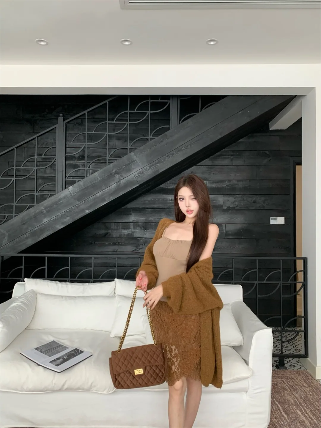 

Retro Knitted Lace f-Skirt Set Women's Faion Early Autumn Trendy Vintage Sle Pure Desire round Ne Svel Top