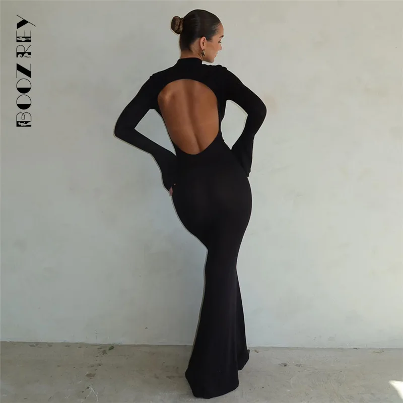 

BoozRey Elegant Backless Knitted Robe Dress for Women Sexy Long Sleeve Black Birthday Dress Party Club Solid Maxi Evening Outfit