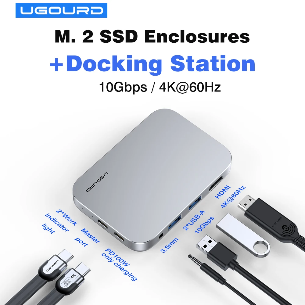 

Док-станция с корпусом M.2 SSD USB3.0 10 Гбит/с USB C-концентратор Разветвитель типа C к HDMI-адаптеру 4K60Hz PD100W M2 NVMe SATA 5 в 1