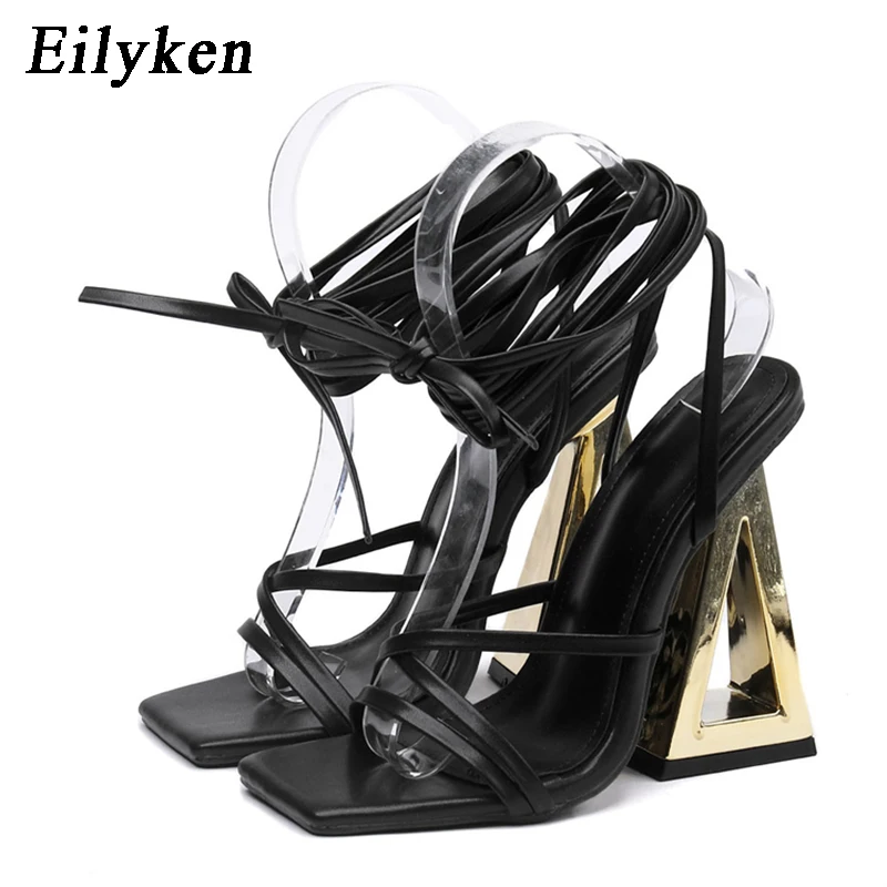 Eilyken Size 35-42 Golden Party Square Toe Woman Sandals 2024 Fashion Ankle Lace-up Fretwork High Heels Female Shoes