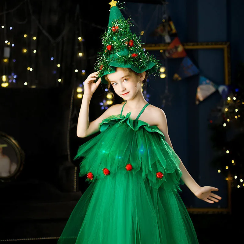 

Милая рождественская детская одежда, костюм зеленого эльфа Санта-Клауса со шляпой, детское нарядное рождественское праздничное платье размером 110-150 см