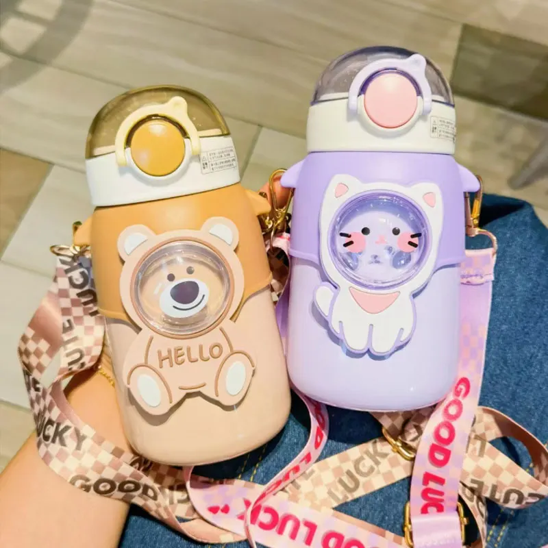 600ml Stainless Steel Thermal Water Bottle for Children Cute Cartoon Thermos Mug with Straw Leak-Proof Insulated Cup Drinkware