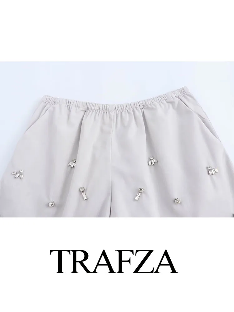 TRAFZA Women Summer Side Pockets Elastic Waist Slim Casual Shorts Woman Elegant Jewelry Decorative High Waist Loose Shorts