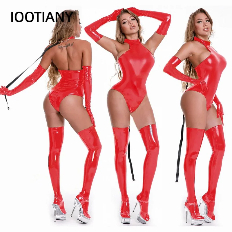 Erotic Crotchless Bodysuit Women Plus Size Black Red Wetlook Leather Sexy Lingerie Catsuit Latex Open Crotch Zipper Jumpsuit