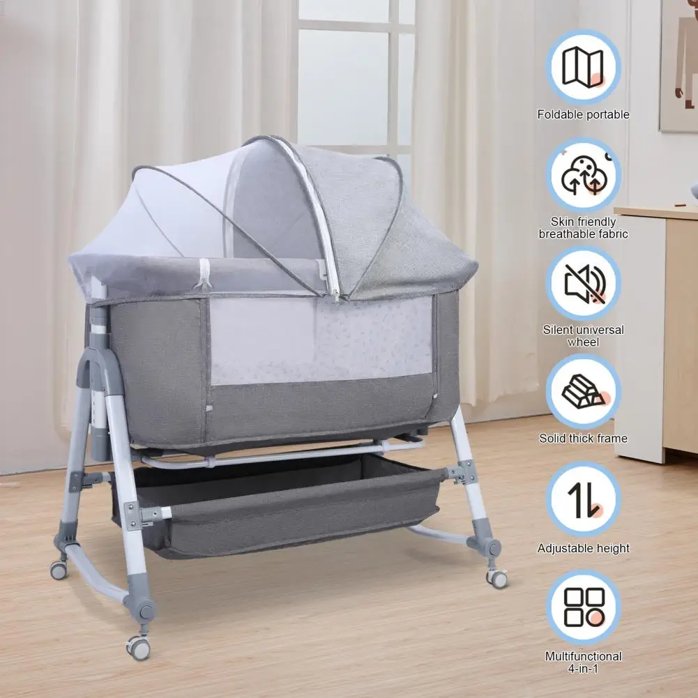 Baby Bedside Crib 3 in 1 Bassinet Cradle Height Adjustable Bedside Bassinet Movable Beside Bassinet with Mosquito Net