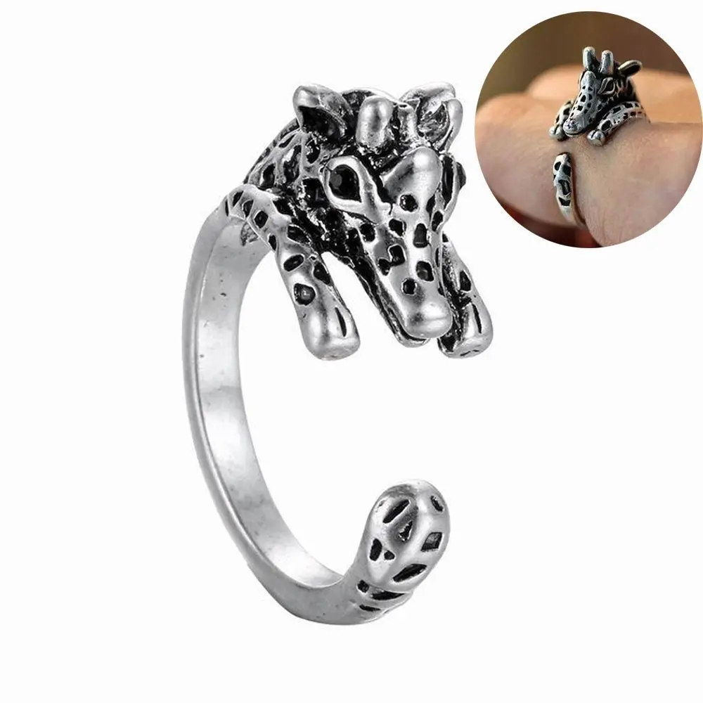 Vintage Burnished Cuff Wrap Adjustable Silver Planted Retro Jewelry Animal Ring Giraffe Open Finger Ring