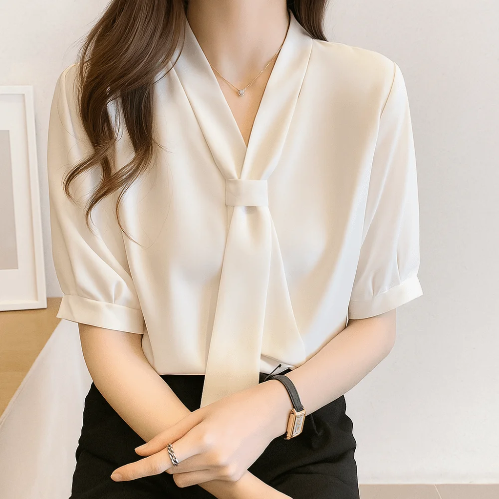 Camicia semplice ed elegante con fiocco in tinta unita Camicetta professionale ampia a maniche lunghe Camicette in chiffon da donna da ufficio per tutte le partite