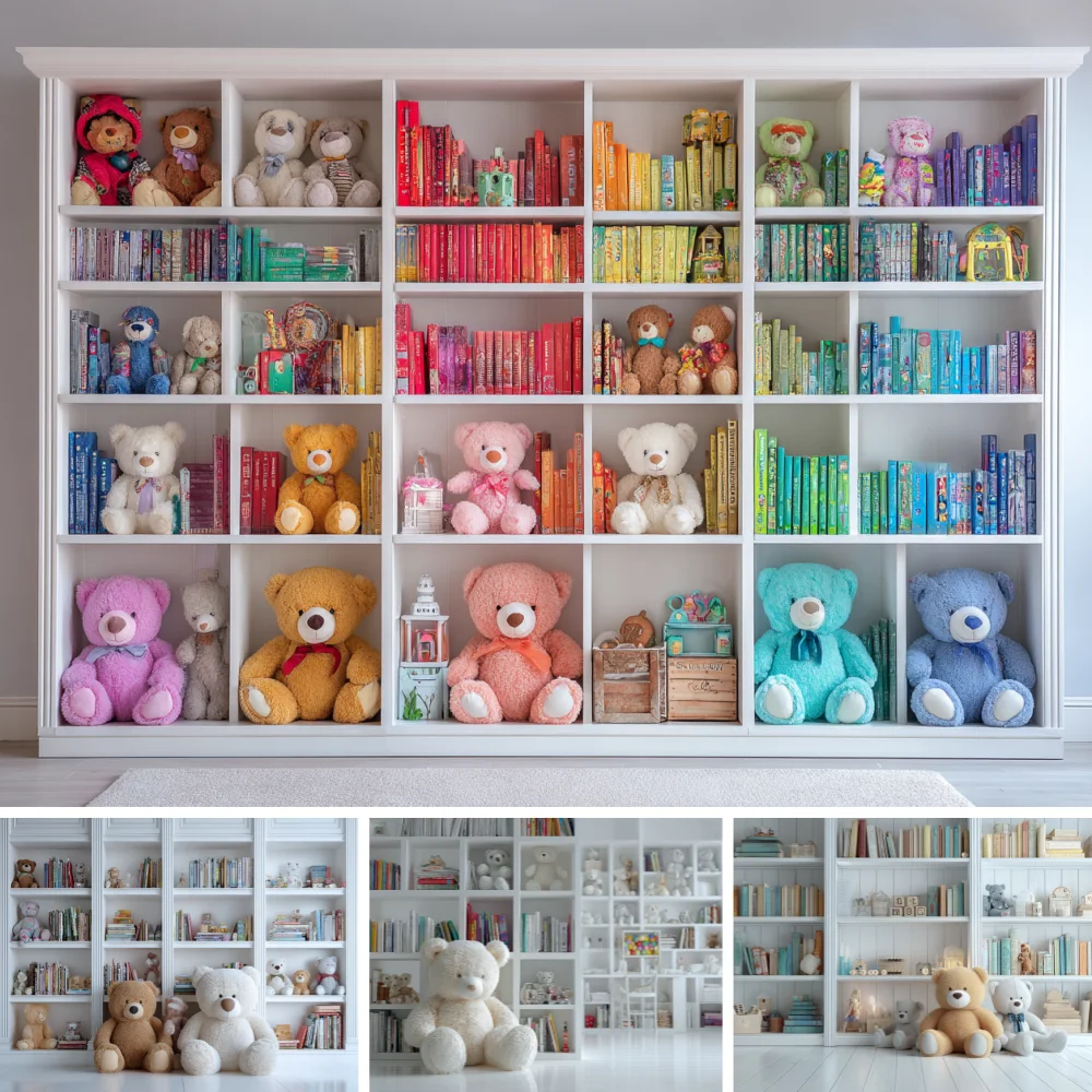 Photography Background Study Room Kids Bookcase Dollhouse Bookshelf Colorful Teddy Bear Girl'sBirthday Family photography banner
