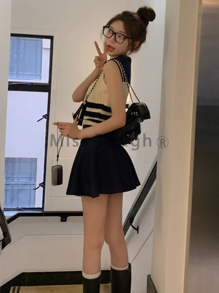 Striped Japanese Kawaii Two Piece Set Women Bandage Vintage Sweet Mini Skirts Suit Female Sleeveless Tops ＋ Fairy Pantskirt 2024