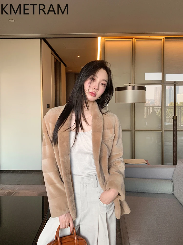 KMETRAM 100% chaqueta de piel de visón de terciopelo para mujer, traje de piel auténtica con cuello en V Beige, chaquetas con cinturón, ropa de invierno para mujer, 2025 шу onder