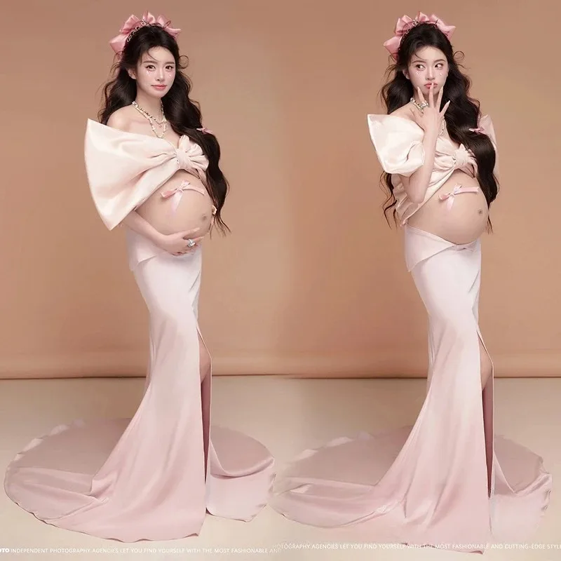 

Women Photography Props Elegant Maternity Dress Bow-knot Top and Long Skirt Korean Princess Dresses Studio Shoot Photo Clothes