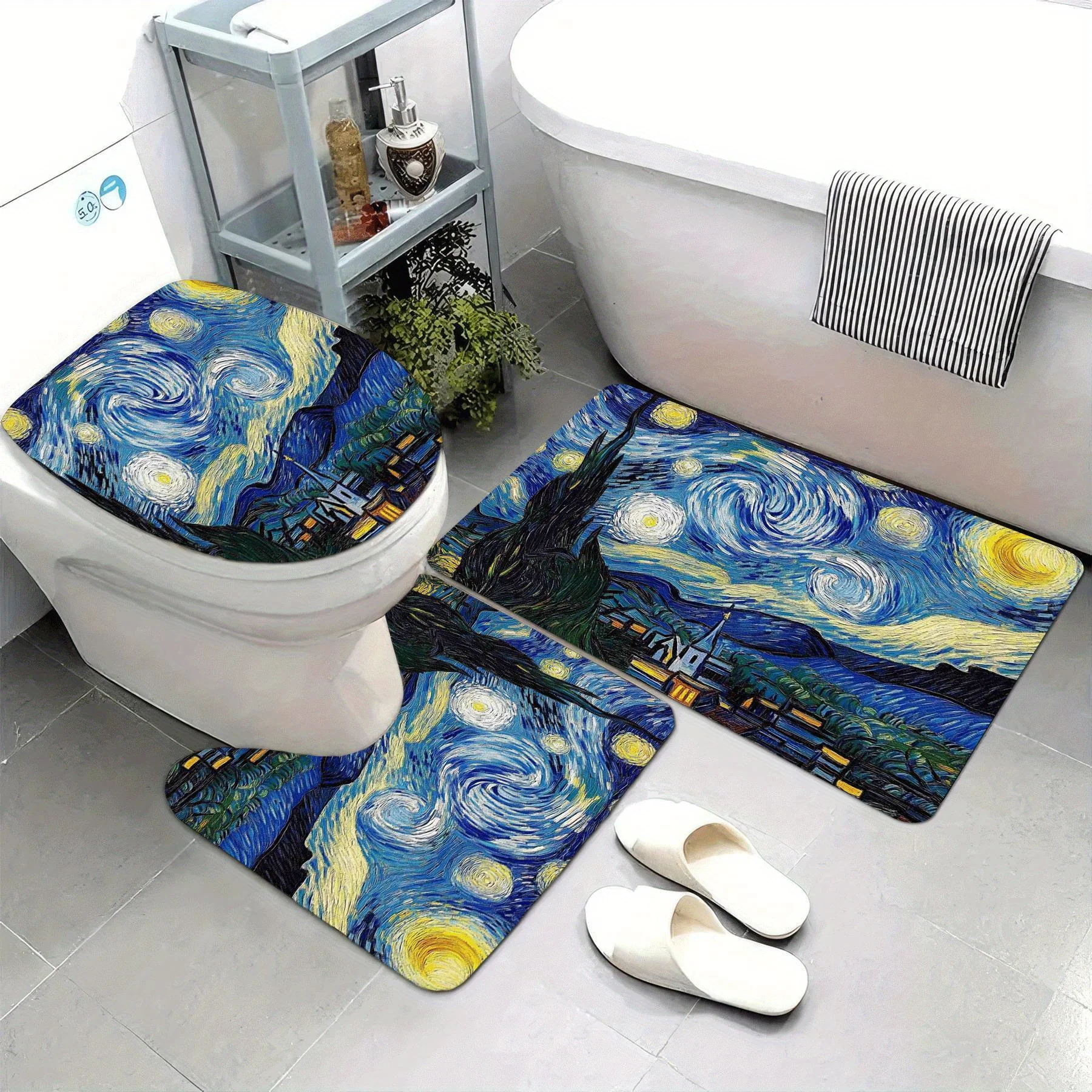 

Набор из 3 предметов Starry Night от Vincent Van Gogh, полиэфирная ткань, можно стирать в машине, U-образный коврик, коврик для ванной комнаты, коврик для сиденья унитаза.