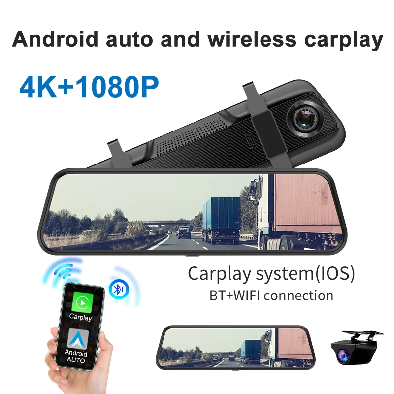 Dash Cam 4K Car Dvr Mirror Wireless Carplay & Android Auto Video Recorder 1080P Rear View Camera GPS Navigation WIFI Black Box