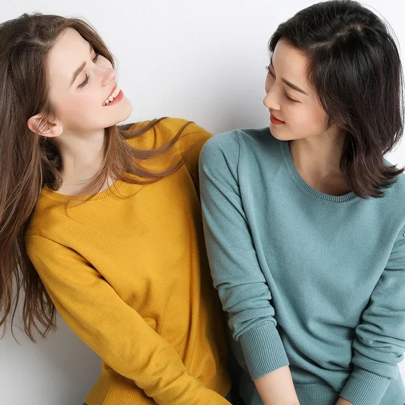 البلوزات موضة أبيض أسود س الرقبة محبوك سترة المرأة البلوفرات طويلة الأكمام متماسكة سترة البلوز المرأة بلايز تريكو Q996