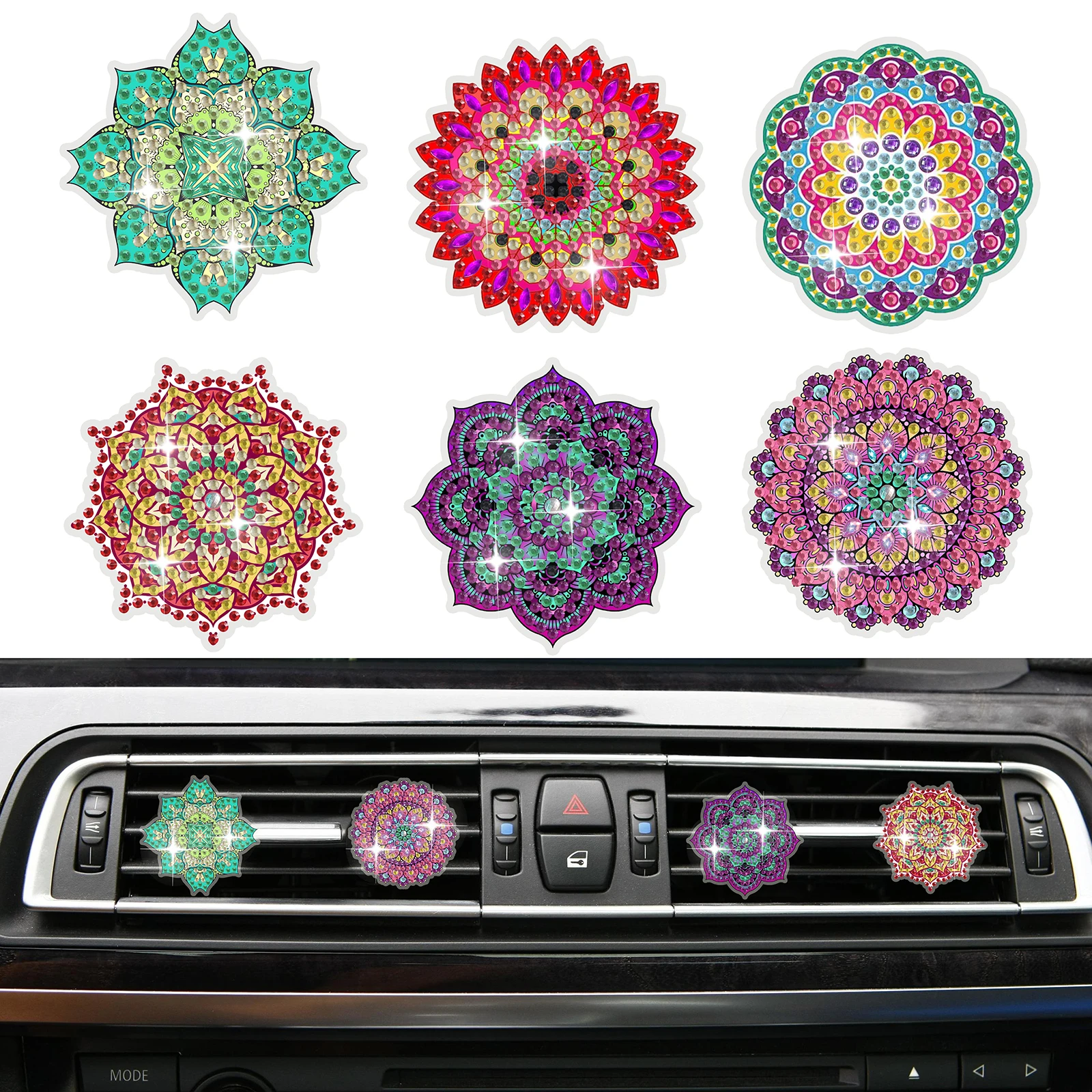 6pcs/set Mandala Pattern Automotive Decoration DIY Diamond Painting Kits Car Air Conditioning Outlet Decoration