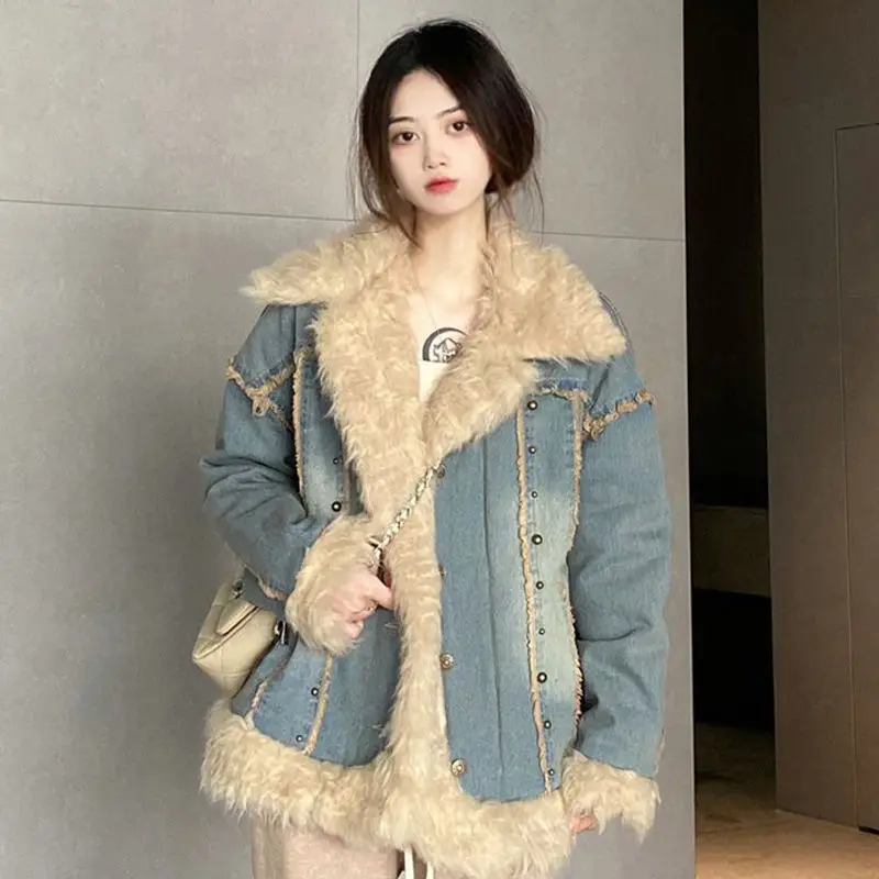 2024 Winter New Woolen Collar Jacket Women's Hong Kong Style Retro Clip Cotton Thick Cotton Clothes Versatile Loose Cardigan Top