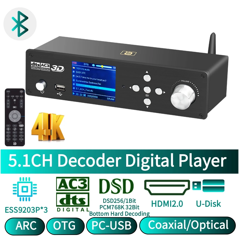DSD256 DTS HD AC3 ATMOS 5.1 Audio Decoder 4K HDMI2.0 DAC ESS9023P*3 Bluetooth 5.0 Receiver 768KHz 32BIT ARC PC USB OTG Adapter
